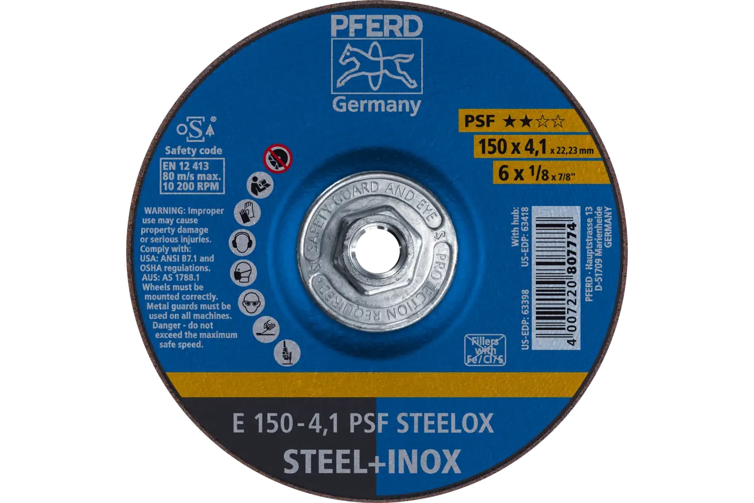 Picture of Pferd Grinding Wheel, 6" X 1/8 X 5/8-11, Psf Steelox, T27, Aluminum Oxide